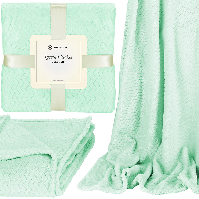 Narzuta na łóżko, pled 130x180 cm tłoczony zygzak, dwustronny koc na kanapę zielony