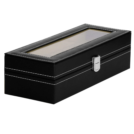 Szkatułka na zegarki 30x11x8 cm czarno-kremowy, ekoskóra organizer z przegródkami i okienkiem