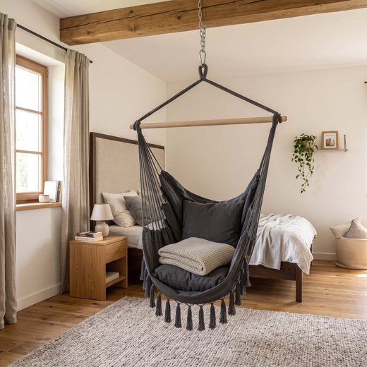 Hamak brazylijski z poduszkami fotel wiszący krzesło boho ciemnoszare