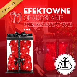 Miś z płatków róż czerwony 22 cm rose bear z kokardką i lampkami LED biały zimny