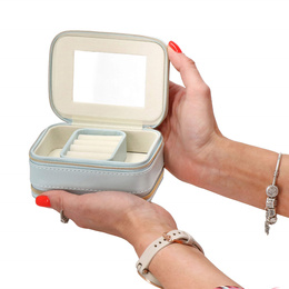 Szkatułka na biżuterię ekoskóra 11,5x8,5x5,5 cm błękitny organizer z przegródkami i lusterkiem