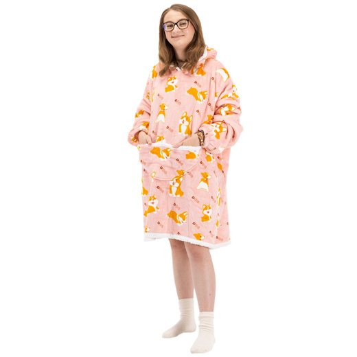 Kocobluza damska oversize koc bluza 2w1 z kapturem ciepła szlafrok futrzak piesek corgi