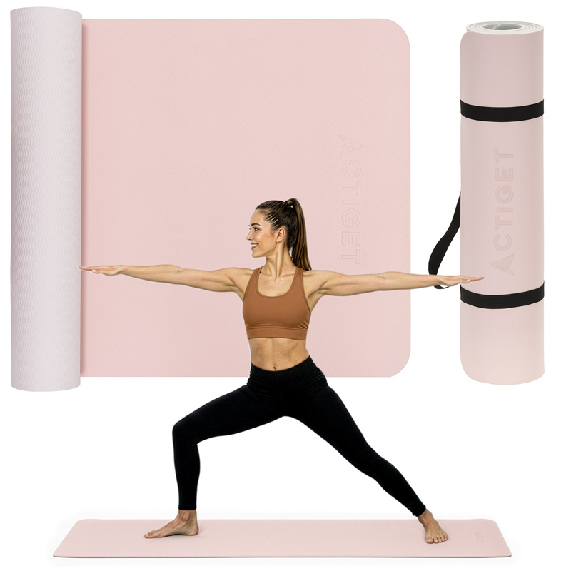 Mata do jogi, ćwiczeń fitness 183x61 cm antypoślizgowa, materac do stretchingu, jasny róż