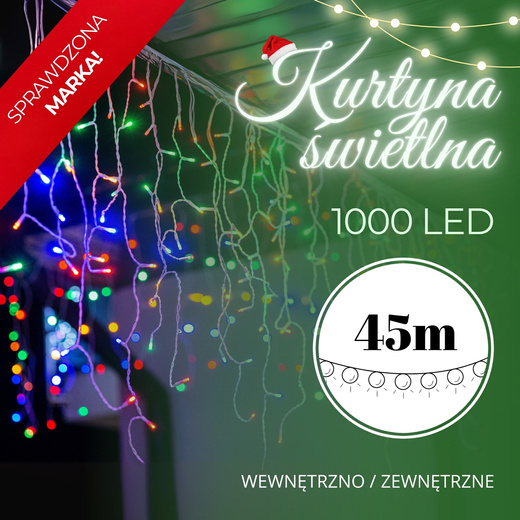 Kurtyna świetlna 1000 led girlanda, lampki wewnętrzno-zewnętrzne 45 m sople multikolor