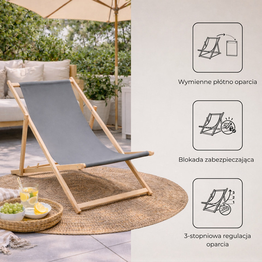 Leżak ogrodowy drewniany z 3-stopniową regulacją, plażowy, balkonowy do 120 kg szary