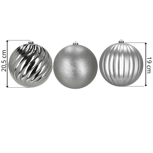 Bombki choinkowe 3 szt. duże ozdoby świąteczne 20,5 cm brokat srebrne