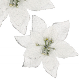 Gwiazda betlejemska, sztuczny kwiat poinsecja srebrna z brokatem, na klipsie