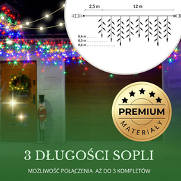 Kurtyna świetlna 300 led girlanda, lampki wewnętrzno-zewnętrzne sople multikolor z zimnym białym flash