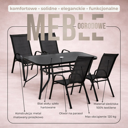 Meble ogrodowe metalowe zestaw dla 4 osób stół 120 cm szkło hartowane i 4 krzesła czarne