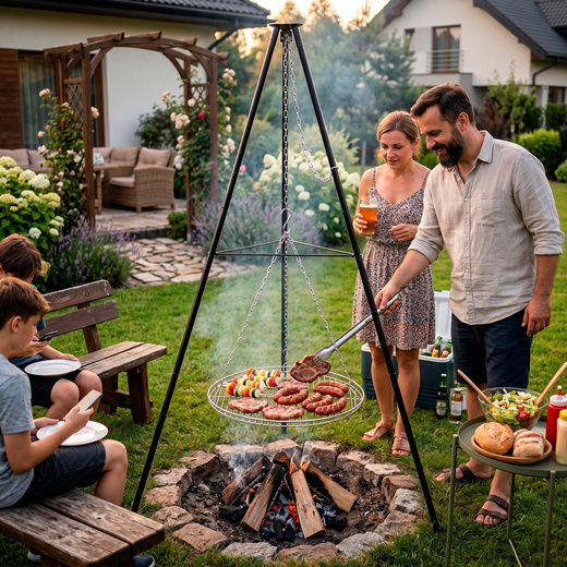 Grill ogrodowy, wiszący na stojaku z regulacją wysokości, ruszt 50 cm