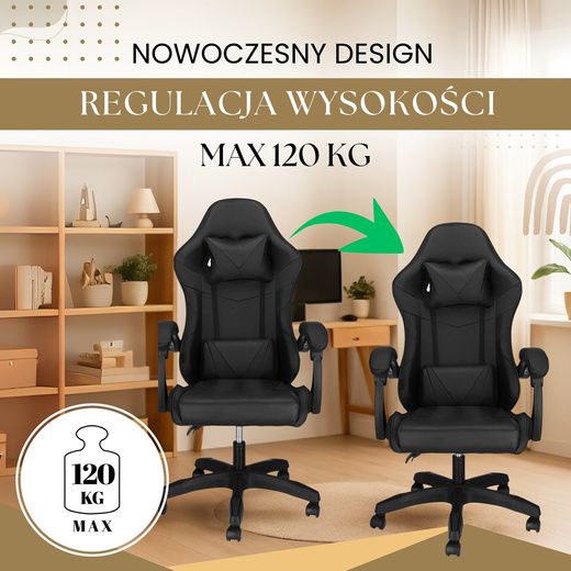 Fotel gamingowy, biurowy z regulacją nachylenia oparcia, krzesło obrotowe dla gracza, ekoskóra, czarny