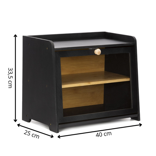 Chlebak bambusowy duży zamykany dwupoziomowy z okienkiem szafka na pieczywo czarna