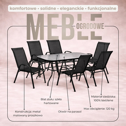 Meble ogrodowe, metalowe zestaw dla 6 osób stół 120 cm szkło hartowane i 6 krzeseł czarne