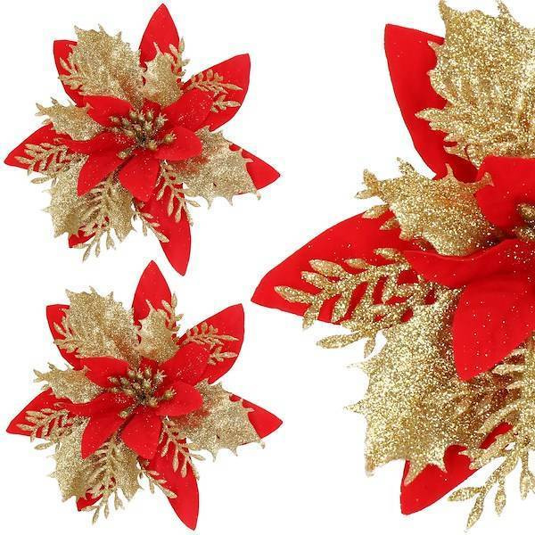 Gwiazda betlejemska, sztuczny kwiat, poinsecja czerwono-złota z brokatem na klipsie