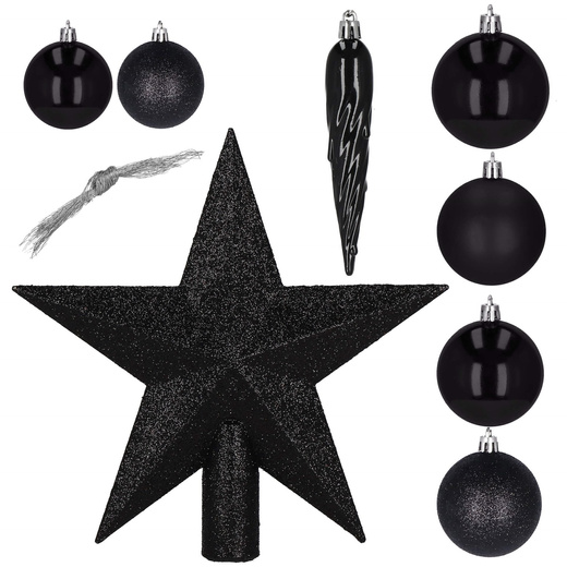 Bombki choinkowe 33 szt. ozdoby świąteczne zestaw z gwiazdą czarne