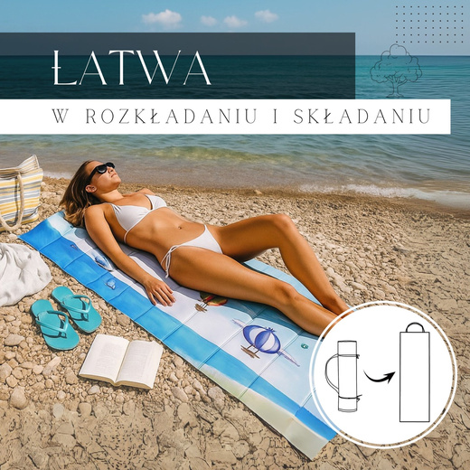 Materac plażowy z zagłówkiem, składany 180x60 cm mata z poduszką, niebieski