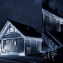 Kurtyna świetlna 300 led girlanda, lampki wewnętrzno-zewnętrzne 15,5 m sople biały zimny + flash