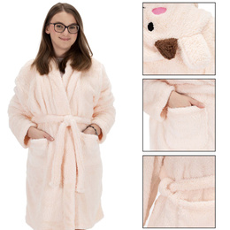 Szlafrok damski z polaru rozm. L/XL z kapturem i paskiem beżowy, miś 