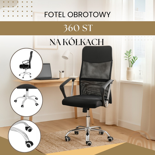 Fotel biurowy obrotowy regulowany krzesło na kółkach, do pracy przed komputerem czarne