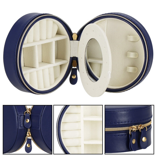 Szkatułka na biżuterię okrągła 11x5 cm granatowy organizer z przegródkami ekoskóra