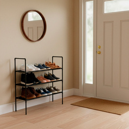 Regał na buty 3 poziomy szafka metalowa z półkami na obuwie 70x72x28 cm czarna