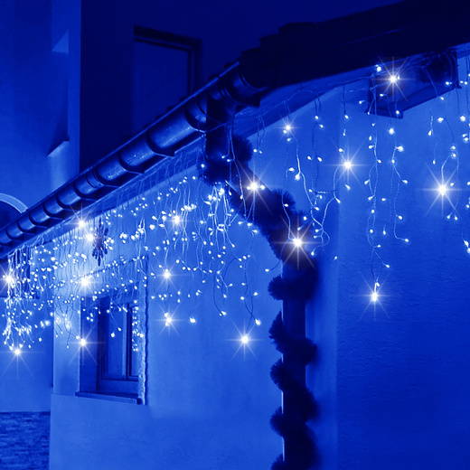 Kurtyna świetlna 300 led girlanda, lampki wewnętrzno-zewnętrzne 14,5 m sople niebieski z zimnym białym flash