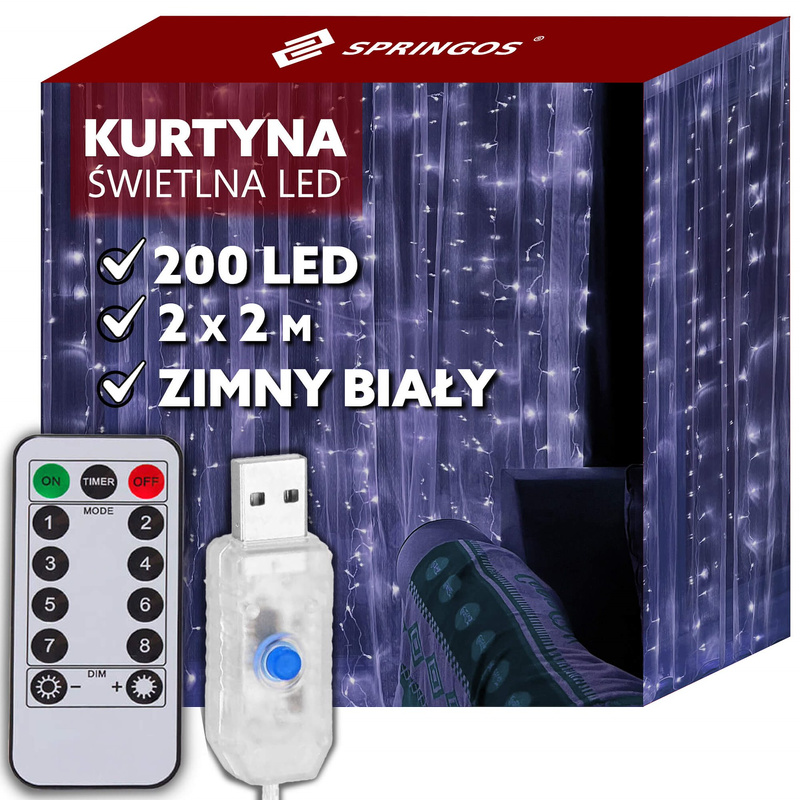 Kurtyna świetlna biały zimny 200 Led lampki wewnętrzne z programatorem USB
