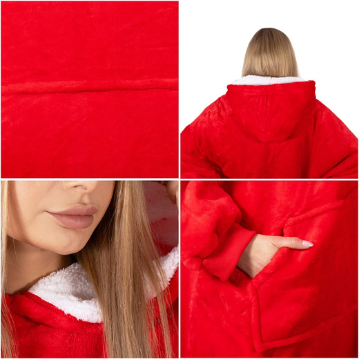 Kocobluza damska męska oversize koc bluza 2w1 z kapturem XXL ciepła czerwone