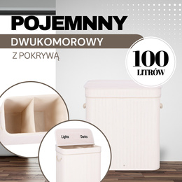 Kosz na pranie 100L z pokrywą biały bambus dwukomorowy