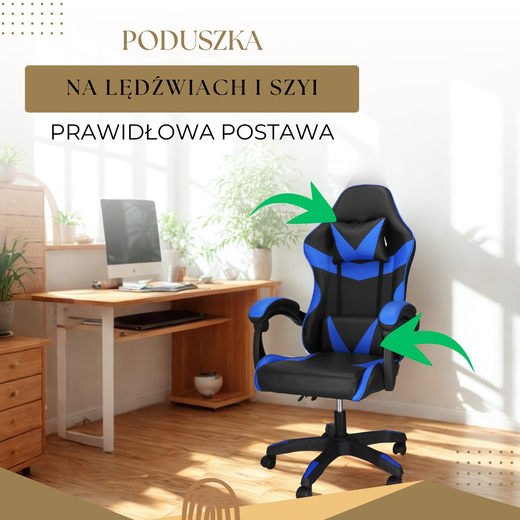 Fotel gamingowy, biurowy z regulacją nachylenia oparcia, krzesło obrotowe dla gracza, ekoskóra, czarno-niebieski