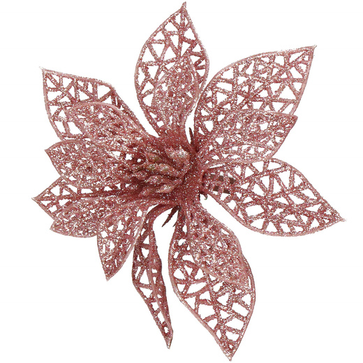 Gwiazda betlejemska, sztuczny kwiat, poinsecja ażurowa, różowa z brokatem na klipsie