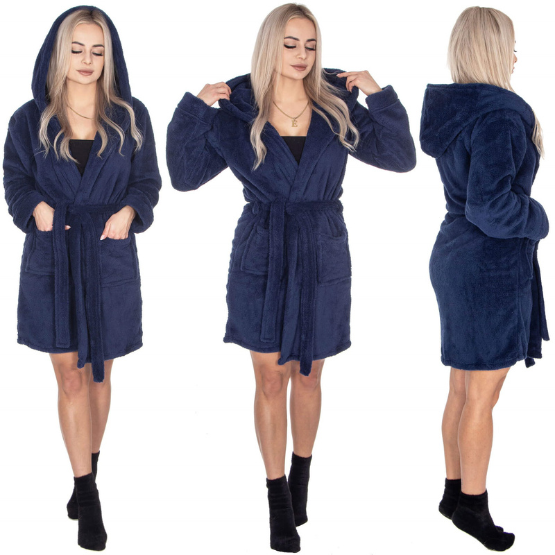 Szlafrok damski z polaru rozm. S/M z kapturem i paskiem granatowy