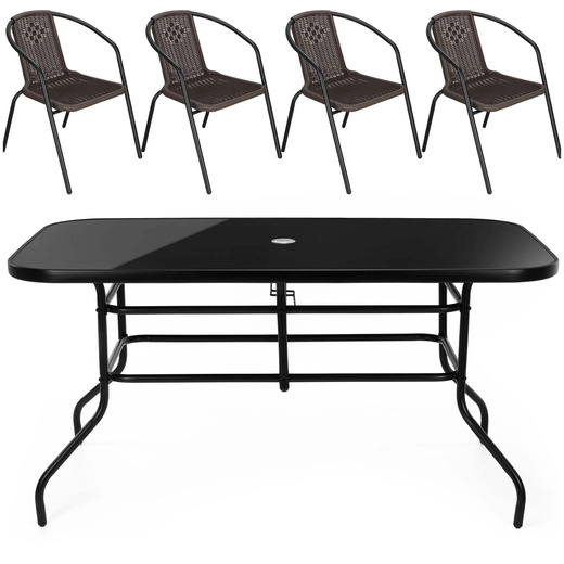 Meble ogrodowe metalowe zestaw stół 140x80 cm i 4 krzesła na taras balkon czarno-brązowe