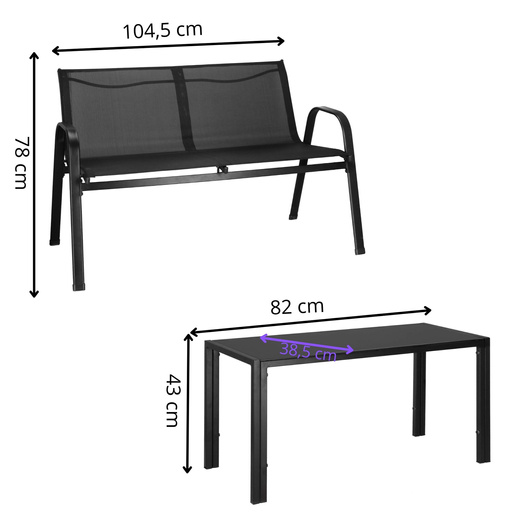 Meble ogrodowe zestaw sofa, 2 krzesła i stolik ze szklanym blatem czarne