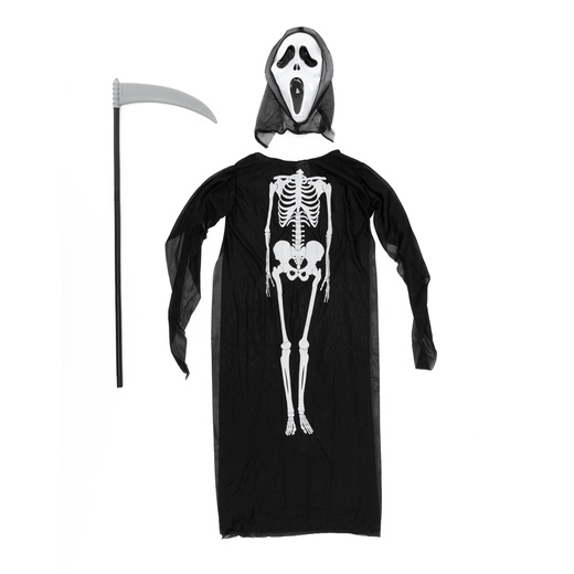 Strój na Halloween dla dzieci kostium śmierć z maską, peleryną i kosą kostucha przebranie