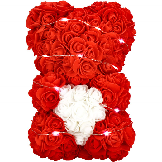 Miś z płatków róż czerwony z sercem, 22 cm rose bear z lampkami LED biały zimny
