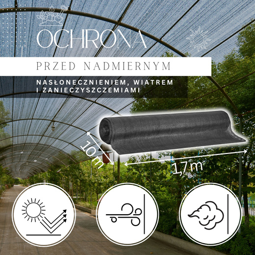 Siatka cieniująca 95% osłonowa 1,7x10m antracyt, 50 szt. opasek zaciskowych