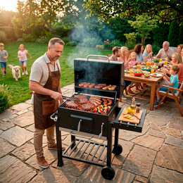Grill węglowy, ogrodowy z pokrywą, termometr, ruszt emaliowany