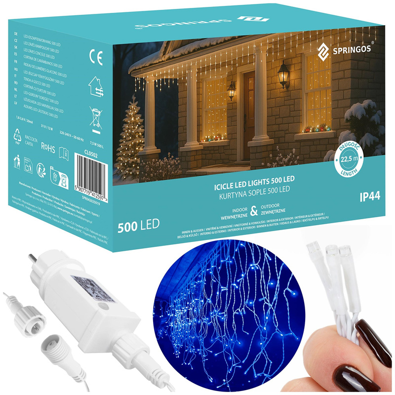 Kurtyna świetlna 1500 led girlanda, lampki wewnętrzno-zewnętrzne sople niebieski