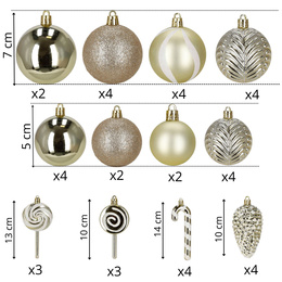 Bombki choinkowe 40 szt. ozdoby kule, lizaki, szyszki, laski cukrowe nietłukące złote