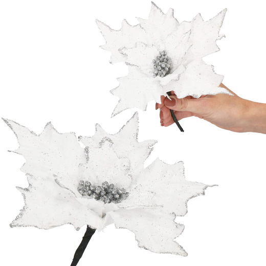 Gwiazda betlejemska, sztuczny kwiat, poinsecja biała z brokatem