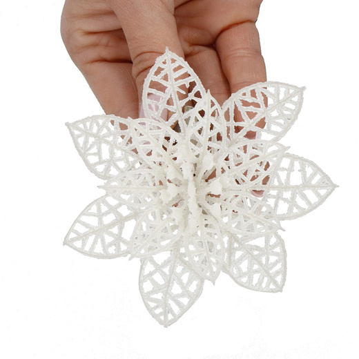 Gwiazda betlejemska, sztuczny kwiat, poinsecja ażurowa, biała z brokatem na klipsie