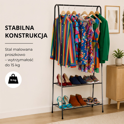 Wieszak stojący na ubrania z półką na buty 150x60x34 cm wolnostojący stojak do garderoby