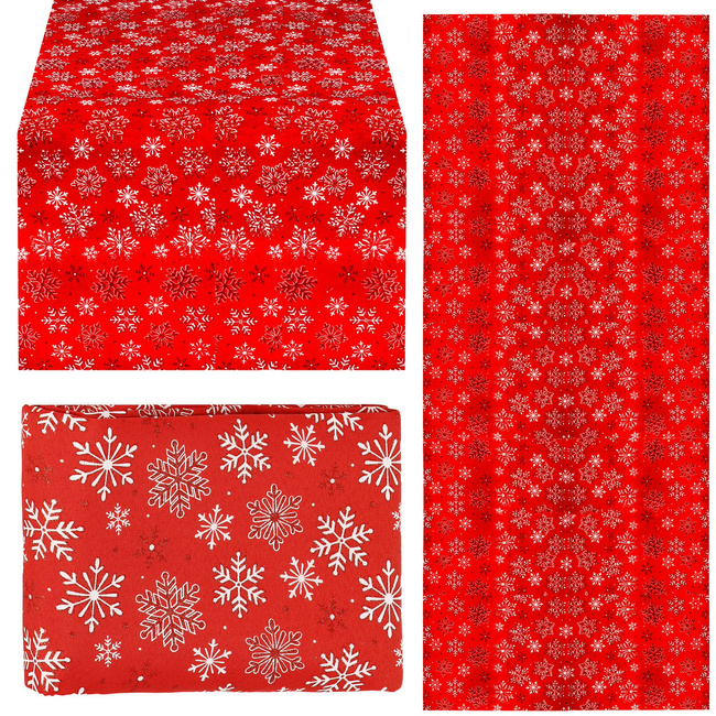 Bieżnik na stół 140 x 220 cm obrus świąteczny ze śnieżynkami czerwony
