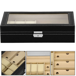 Szkatułka na zegarki 30x20x8cm czarno-kremowy, ekoskóra organizer z przegródkami i lusterkiem