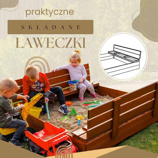 Piaskownica zamykana z ławkami 140x140 cm drewno impregnowane, z włókniną i plandeką, kasztanowy brąz