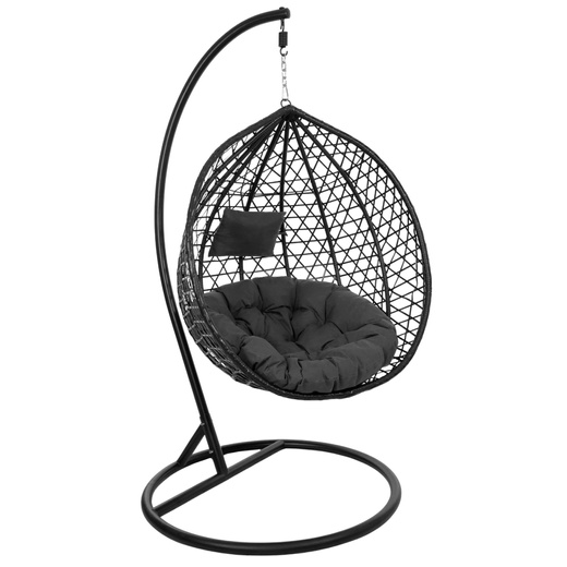 Kokon ogrodowy rattanowy z poduszkami fotel wiszący bujak huśtawka na metalowym stelażu czarna