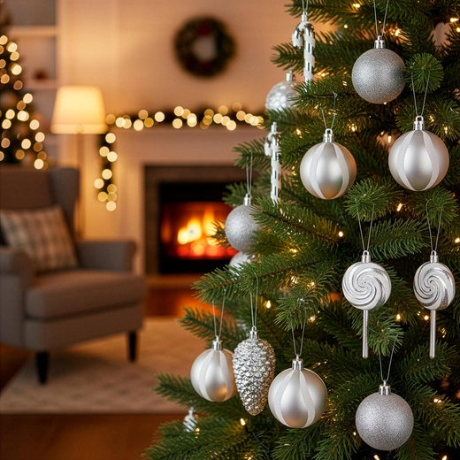 Bombki choinkowe 40 szt. ozdoby kule, lizaki, szyszki, laski cukrowe nietłukące srebrne