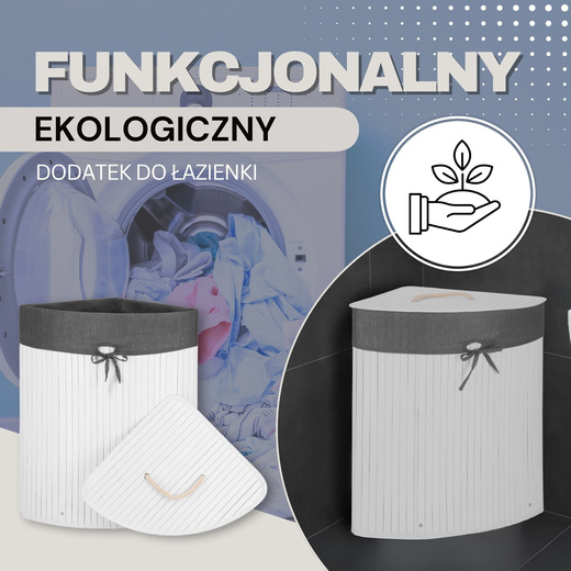 Pojemnik na pranie 60L narożny biały kosz z klapą bambus naturalny 