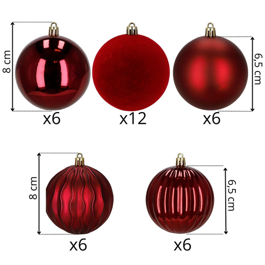 Bombki choinkowe 36 szt. zestaw dekoracji świątecznych, nietłukące, czerwone